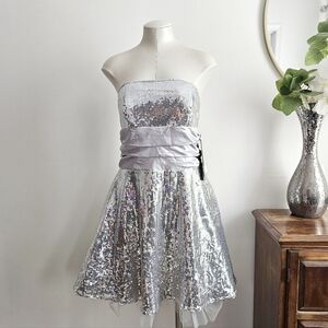 Y2K Masquerade Silver Sequin Strapless Party Dress 11/12 NWT Prom Homecoming